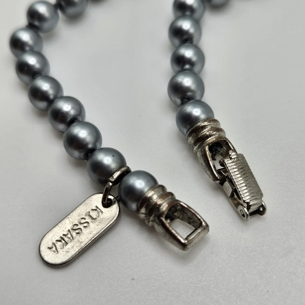 VINTAGE Kissaka Signed Gray Grey Glass Pearl Beaded Bracelet